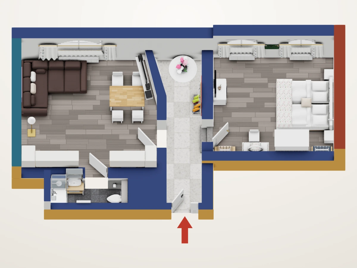 Grundriss von Apartment Christa mit der Raumaufteilung und der Möblierung