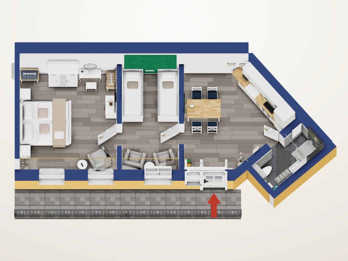 Grundriss von Apartment Elsa mit der Raumaufteilung und der Möblierung