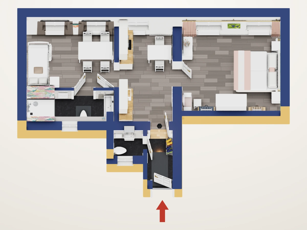 Grundriss von Apartment Hannelore mit der Raumaufteilung und der Möblierung