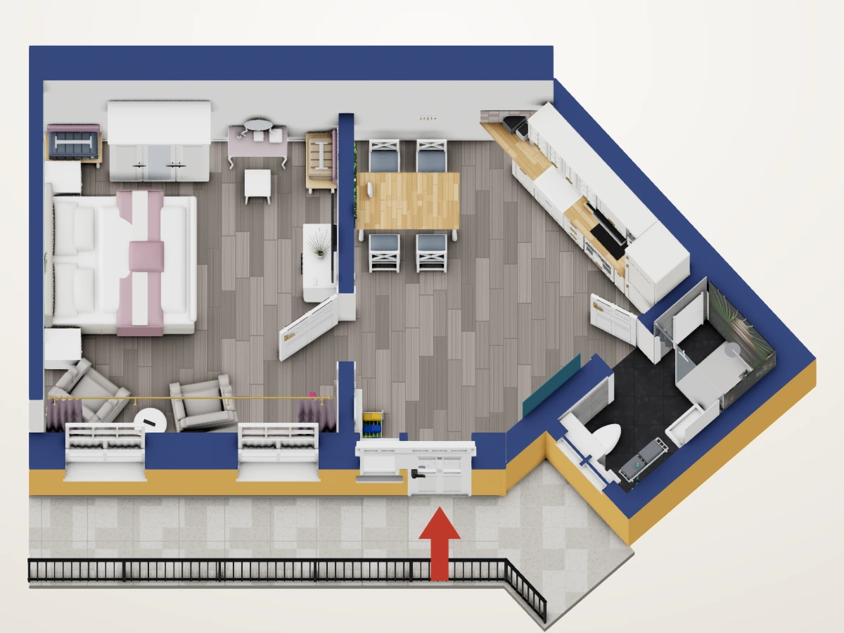 Grundriss von Apartment Katja mit der Raumaufteilung und der Möblierung